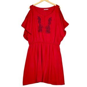 JustFab Red Embroidered Paisley Flutter Sleeve Elastic Waist Dress Size 2X NEW!